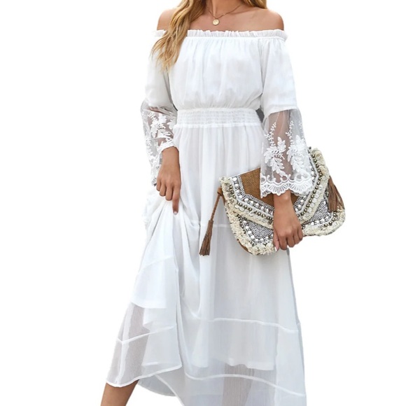 Women white boho off shoulder maxi dress photoshoot - Picture 7 of 10